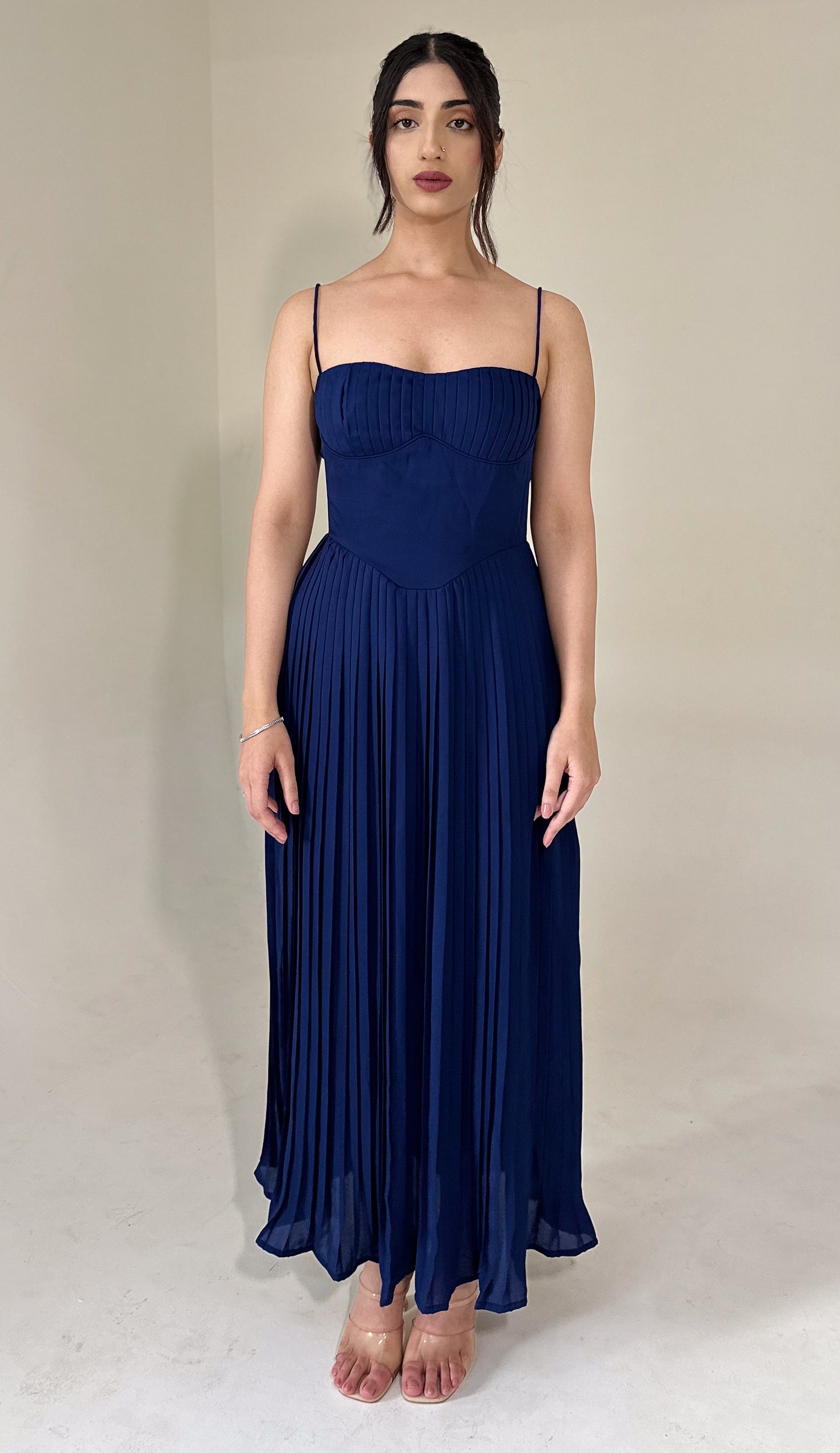 Julia Pleated Dress in Navy Blue