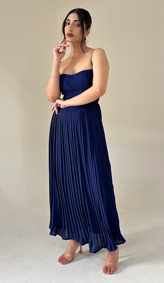 Julia Pleated Dress in Navy Blue