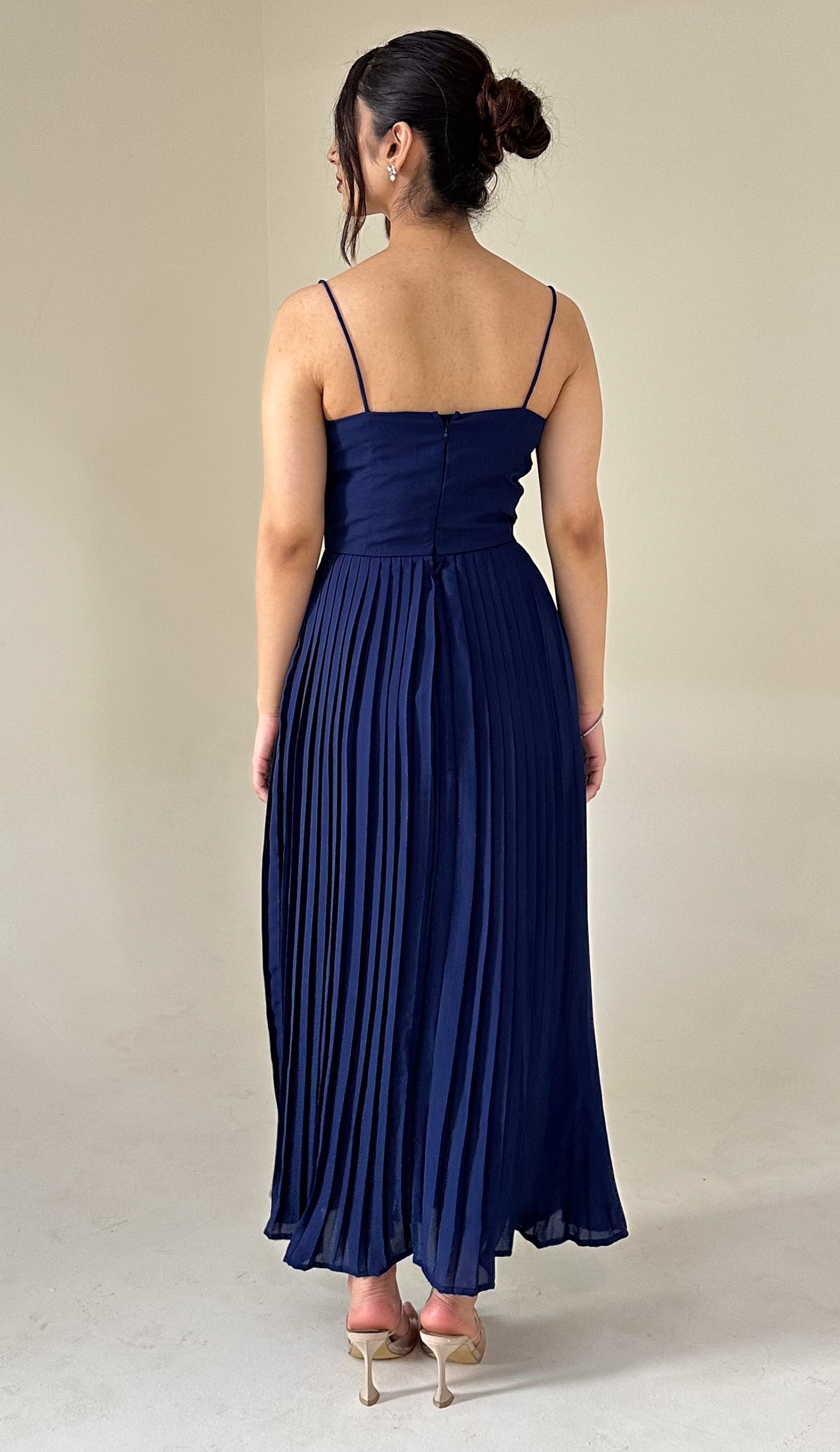 Julia Pleated Dress in Navy Blue