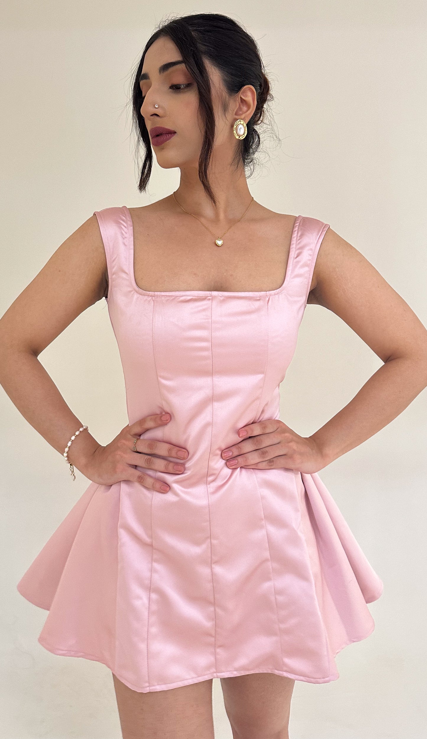 Aspen Satin Flare Dress in Pink